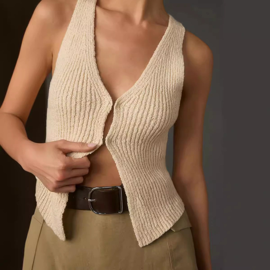 Damen lässiges Strickoberteil mit tiefem V-Ausschnitt und Knopfdetails Drune