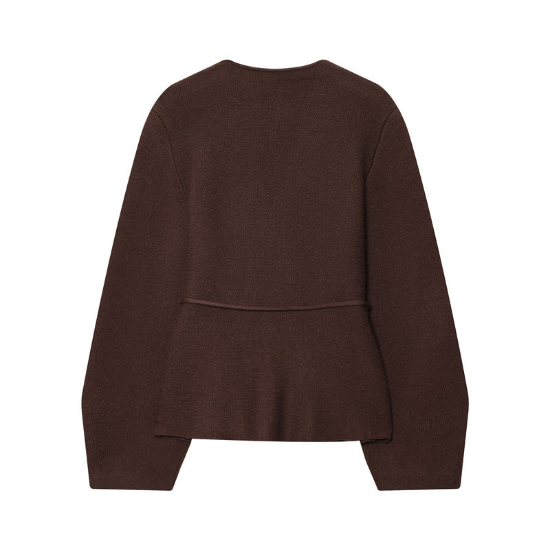Damen modischer V-Ausschnitt Strickpullover mit taillierbarem Bindegürtel Drune