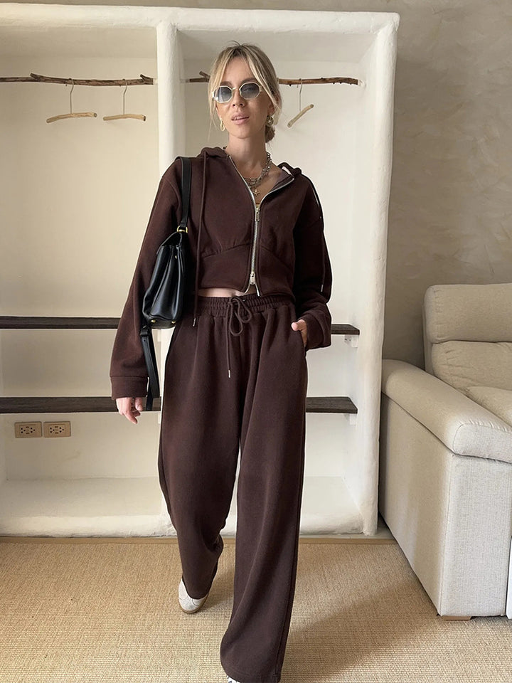 Damen Sportliches Fleece-Loungewear-Set mit Kapuze und verstellbarem Bund Drune