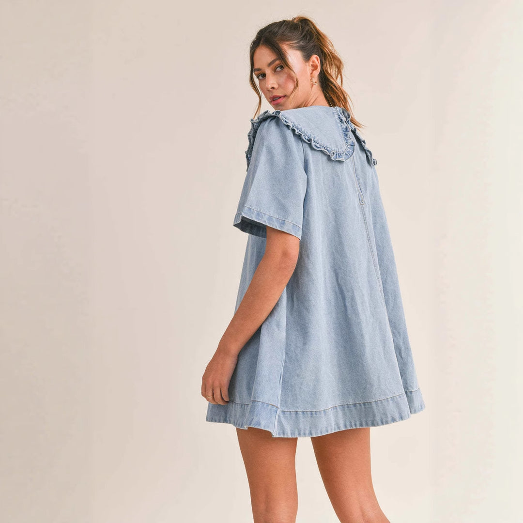 Damen Jeanskleid mit eleganter Rüschenkragenverarbeitung Drune