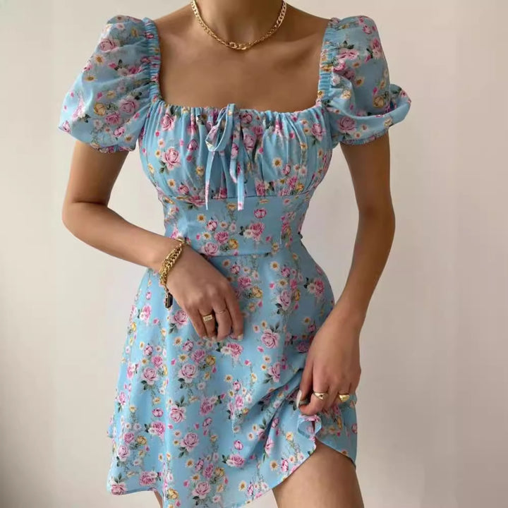 Damen Blütenmuster Mini-Kleid mit Puffärmeln Drune