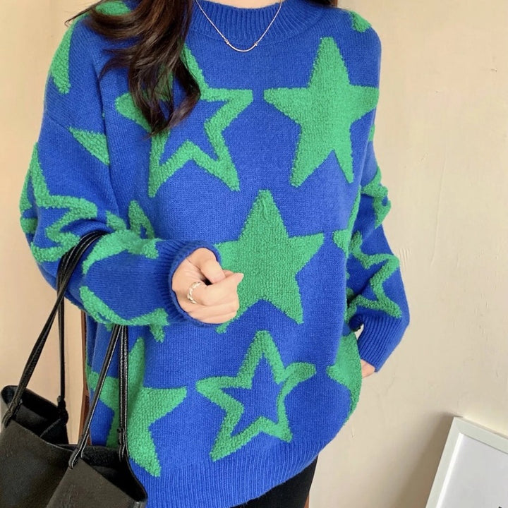 Damen lässiger Oversize-Pullover mit Sternenmuster Drune