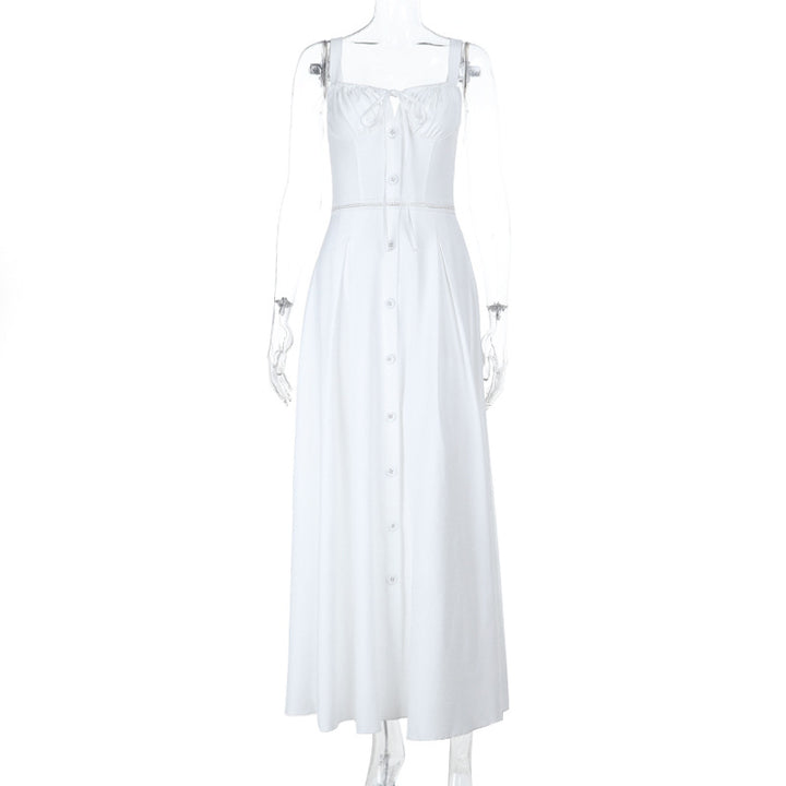 Damen langes Sommerkleid mit tailliertem Oberteil und eleganten Knopfdetails Drune