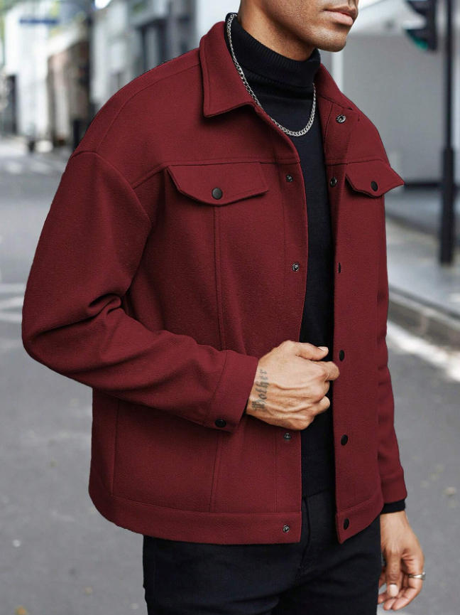 Herren nan Wolloptik-Overshirt Jacke im Shacket-Stil mit Brustklappen und Druckknopfleiste Drune
