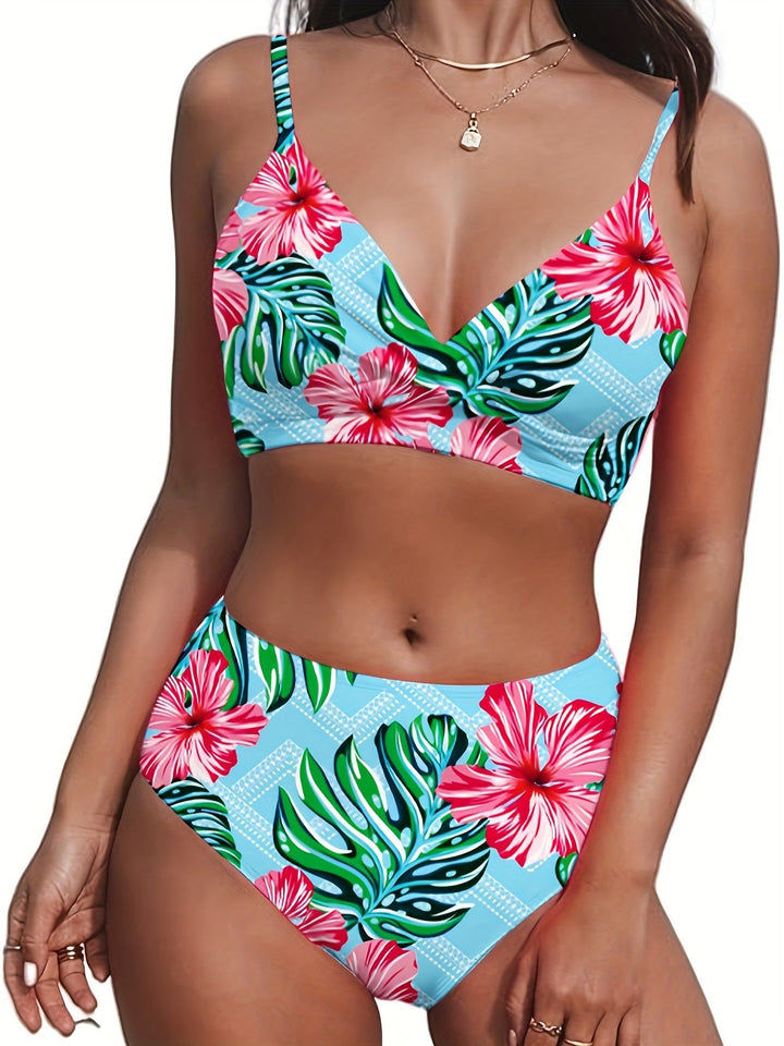 Damen Hochgeschnittener Bikini mit tropischem Muster Drune