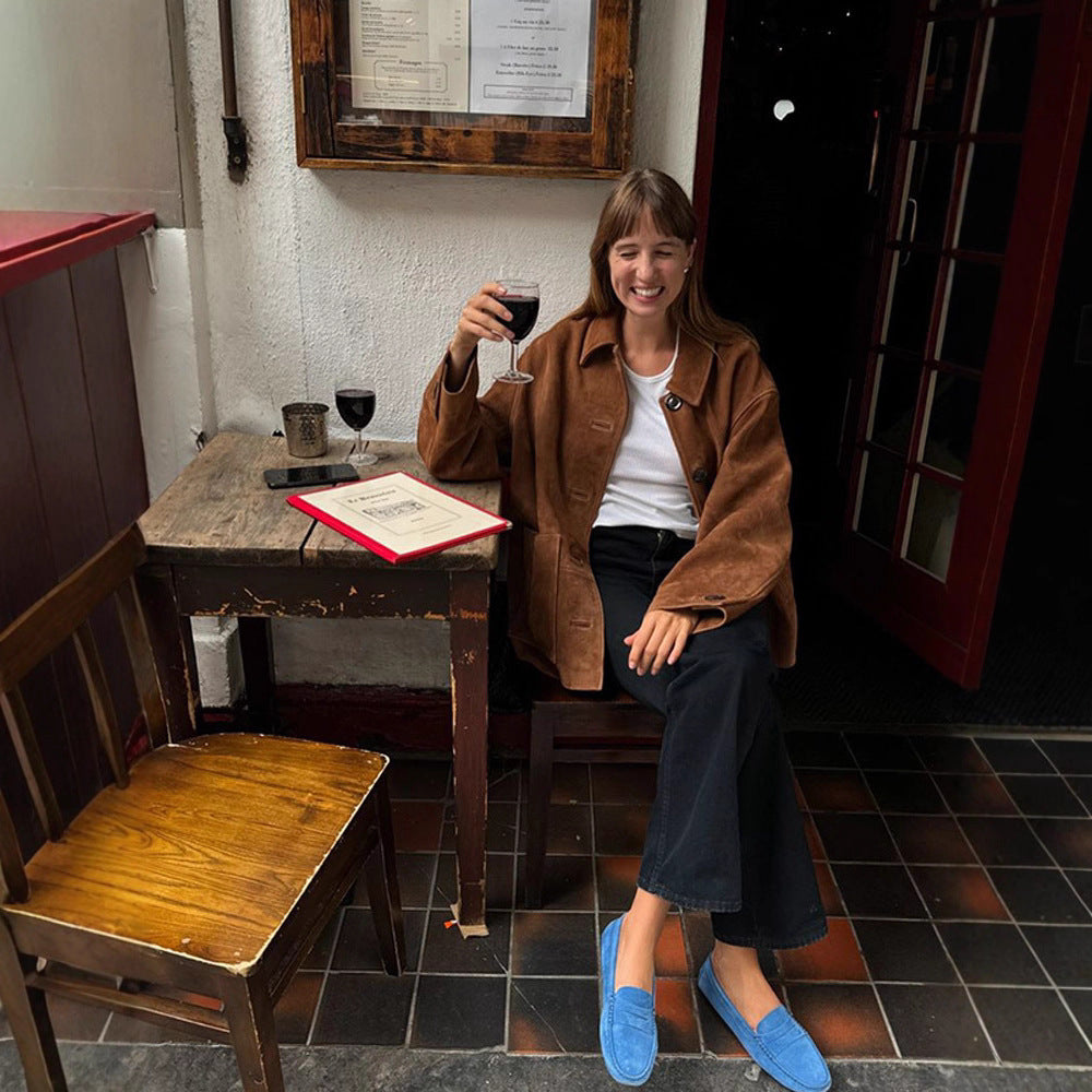 Damen hochwertige Suede Jacke mit praktischen Taschen und klassischem Kragen Drune