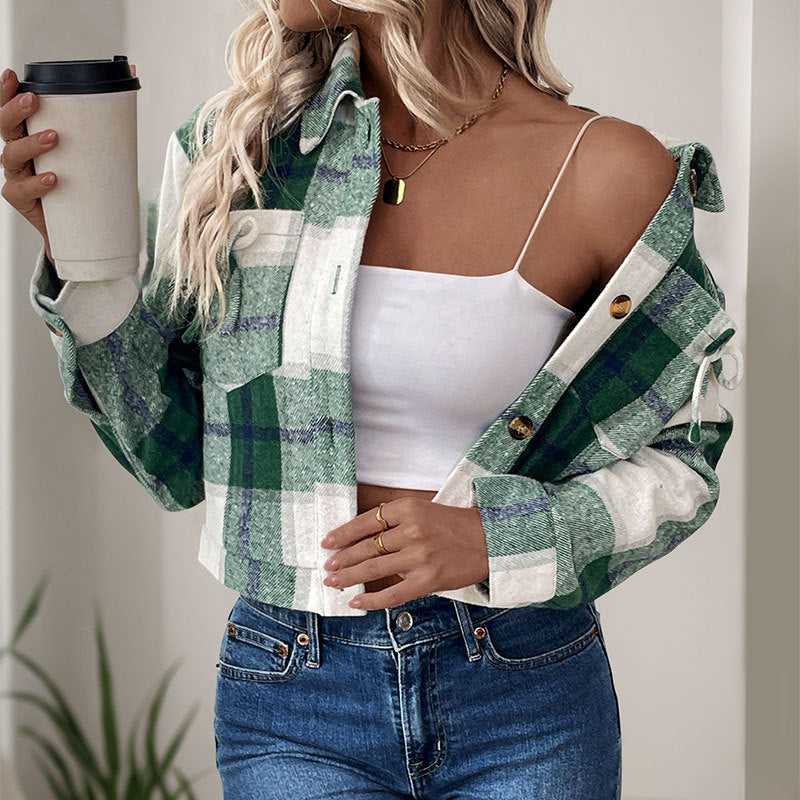Damen cropped Karobluse mit nostalgischem Flair und praktischen Knöpfen Drune