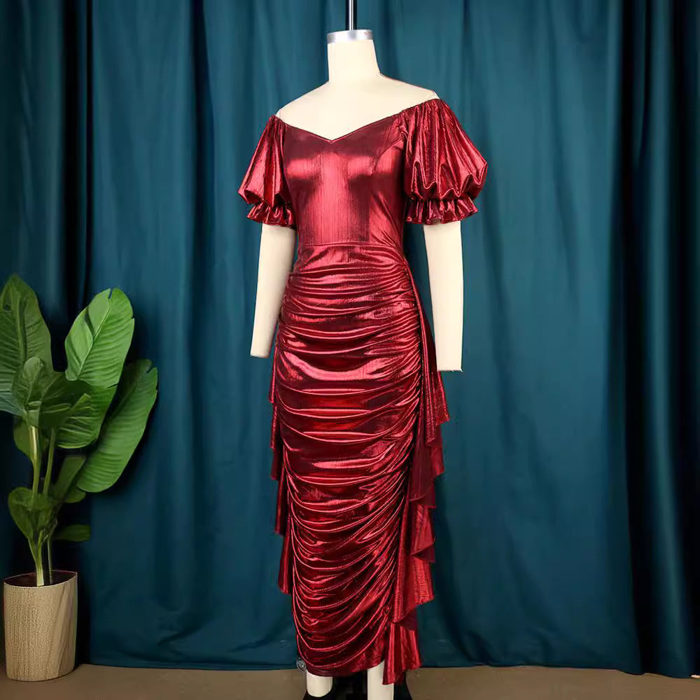 Damen elegantes Kleid mit voluminösen Ballonärmeln und asymmetrischem Saum Drune