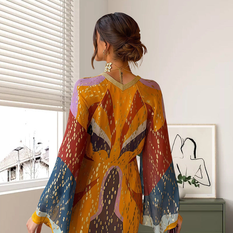 Damen Maxikleid mit buntem Print und modernen langen Ärmeln Drune