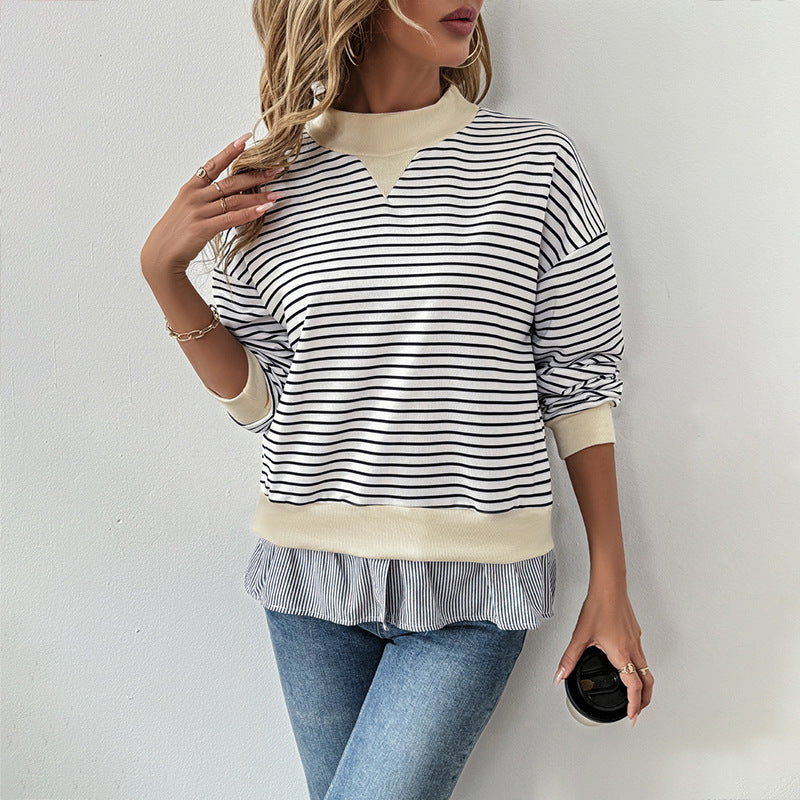 Damen modisches Sweatshirt mit asymmetrischem Streifenmuster und Rüschenabschluss Drune