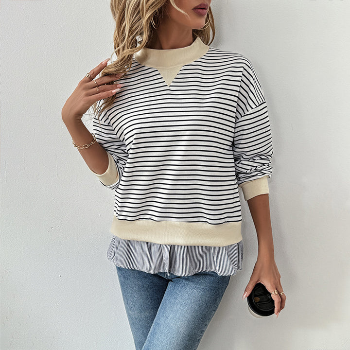 Damen modisches Sweatshirt mit asymmetrischem Streifenmuster und Rüschenabschluss Drune