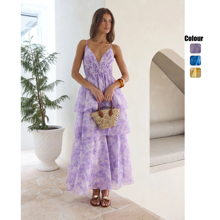 Damen Maxikleid mit voluminösen Rüschenschichten und V-Ausschnitt Drune