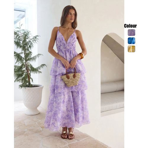 Damen Maxikleid mit voluminösen Rüschenschichten und V-Ausschnitt Drune