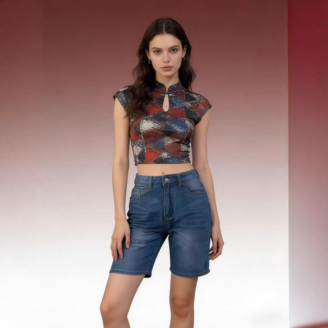 Damen figurbetontes Cropped Oberteil mit Stehkragen und kurzen Ärmeln Drune