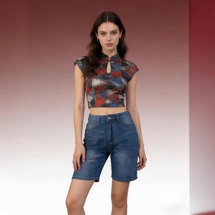 Damen figurbetontes Cropped Oberteil mit Stehkragen und kurzen Ärmeln Drune