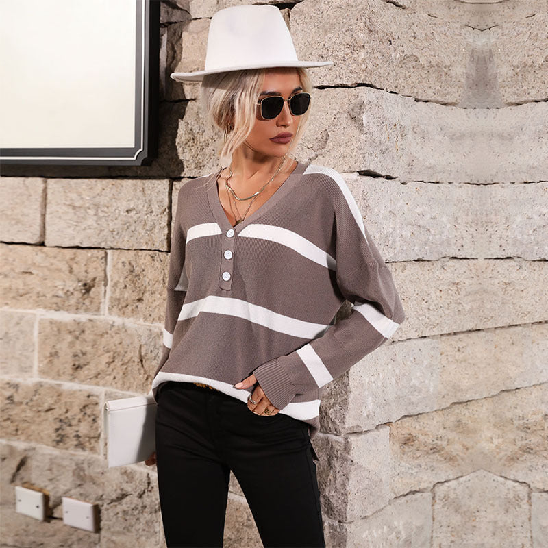 Damen gemütlicher Strickpullover mit modischem V-Ausschnitt und Knopfdetails Drune