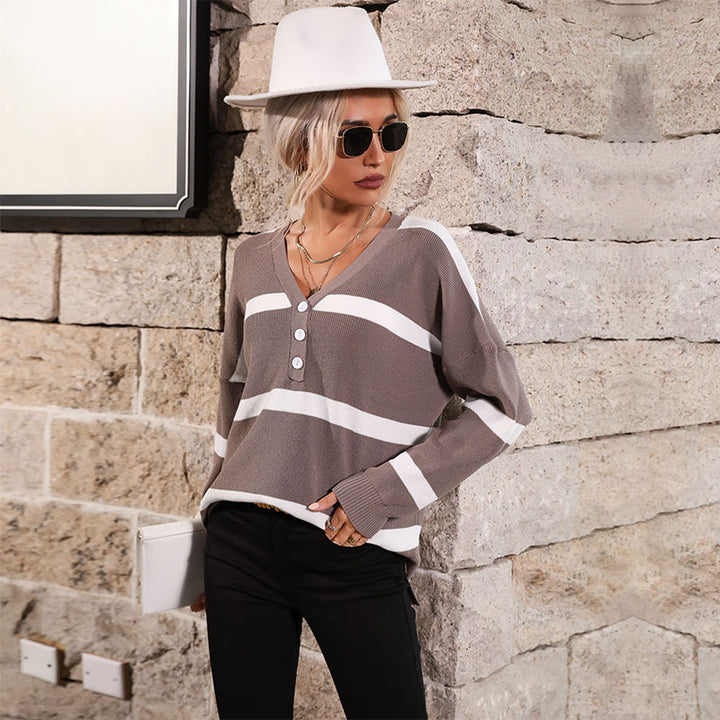 Damen gemütlicher Strickpullover mit modischem V-Ausschnitt und Knopfdetails Drune