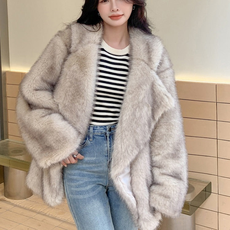 Damen Modische Plüschjacke mit breitem Revers Drune