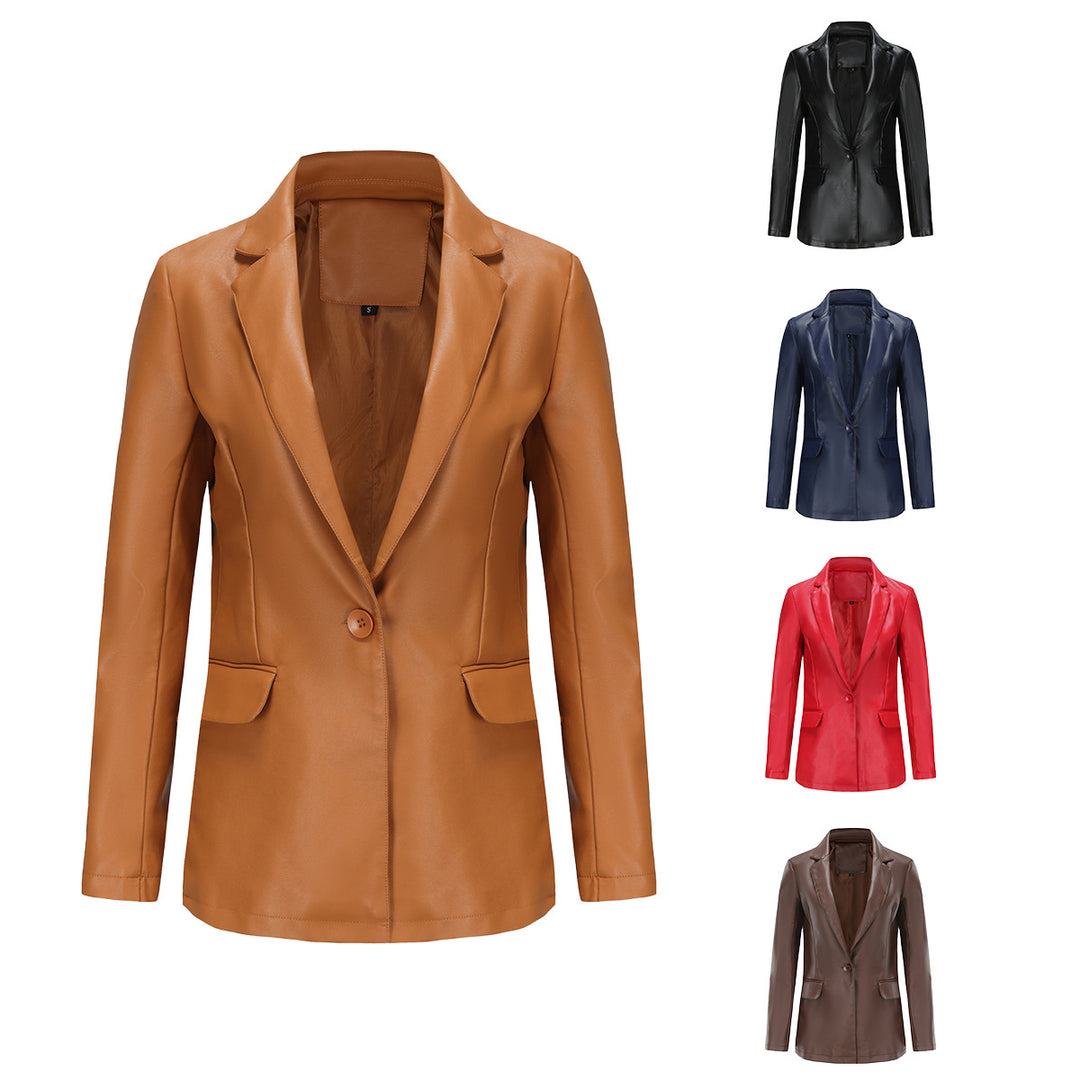 Damen nan taillierter Blazer aus Kunstleder mit Reverskragen und Pattentaschen Drune