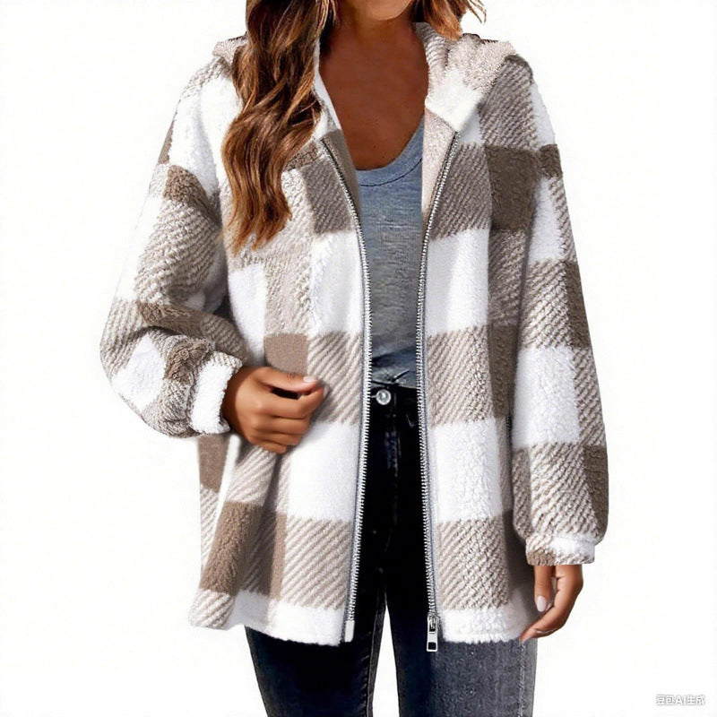 Damen Fleecejacke mit Karo-Muster und Kapuze Drune