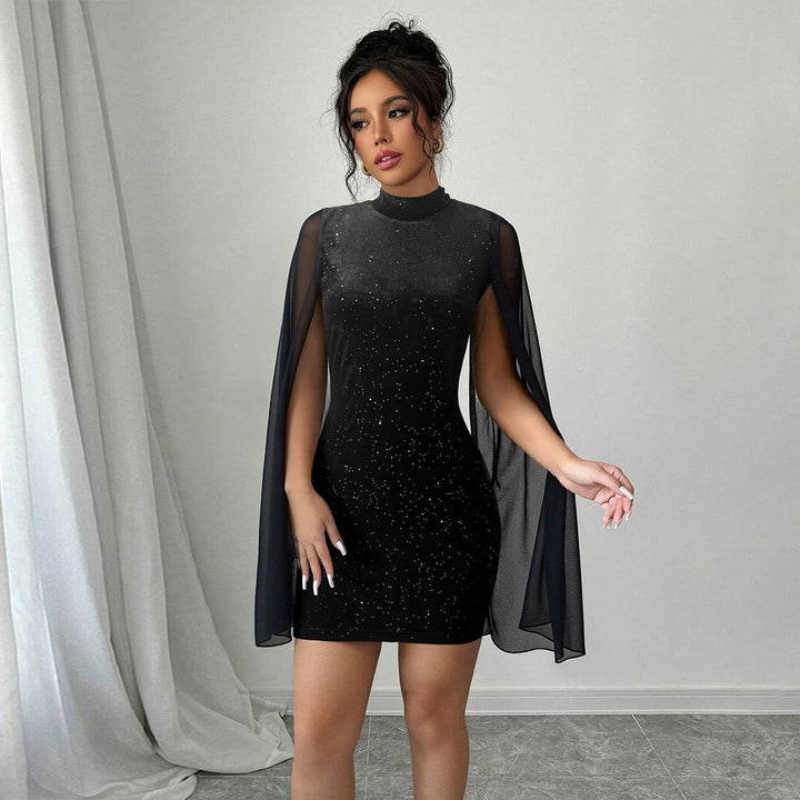 Damen Cocktailkleid mit transparenten Überwürfen und Glitzerakzenten Drune