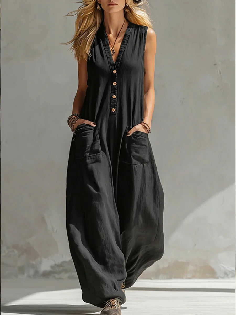 Damen Jumpsuit mit tiefem V-Ausschnitt und praktischen Taschen Drune