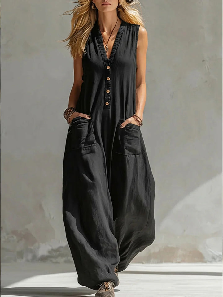 Damen Jumpsuit mit tiefem V-Ausschnitt und praktischen Taschen Drune