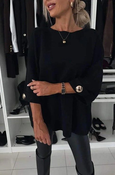 Damen Eleganter Strickpullover mit weit geschnittenen Ärmeln und Knopfdetails Drune