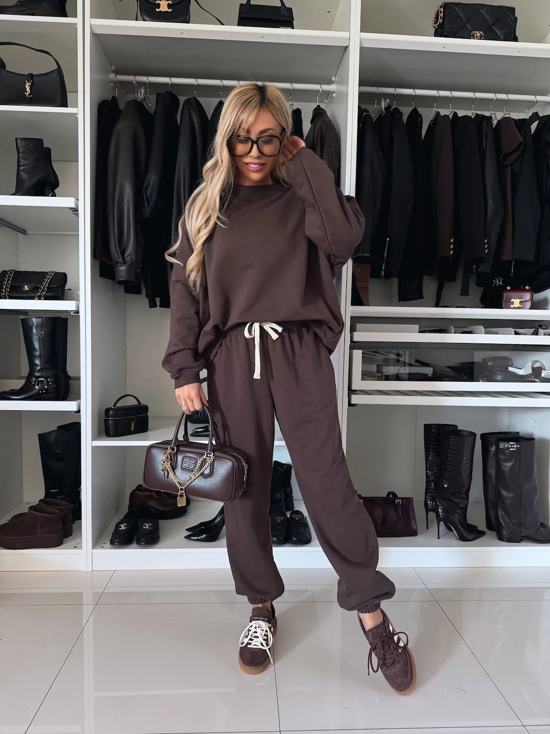 Damen nan entspanntes Lounge-Set aus Bio-Baumwoll-French-Terry mit Kordelzug, elastischem Bund und gerippten Bündchen Drune