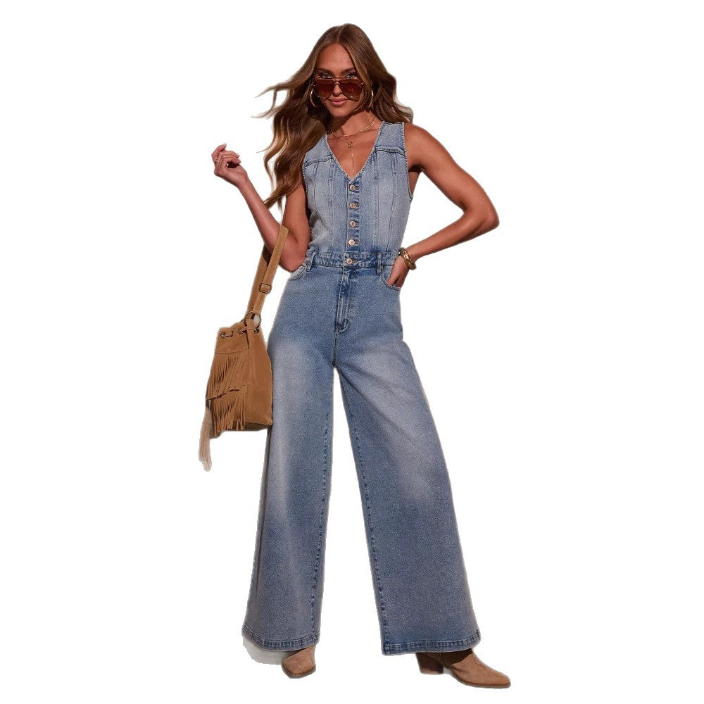 Damen Weitgeschnittene Denim-Latzhose mit Knopfdetails und regulierbarem Bund Drune