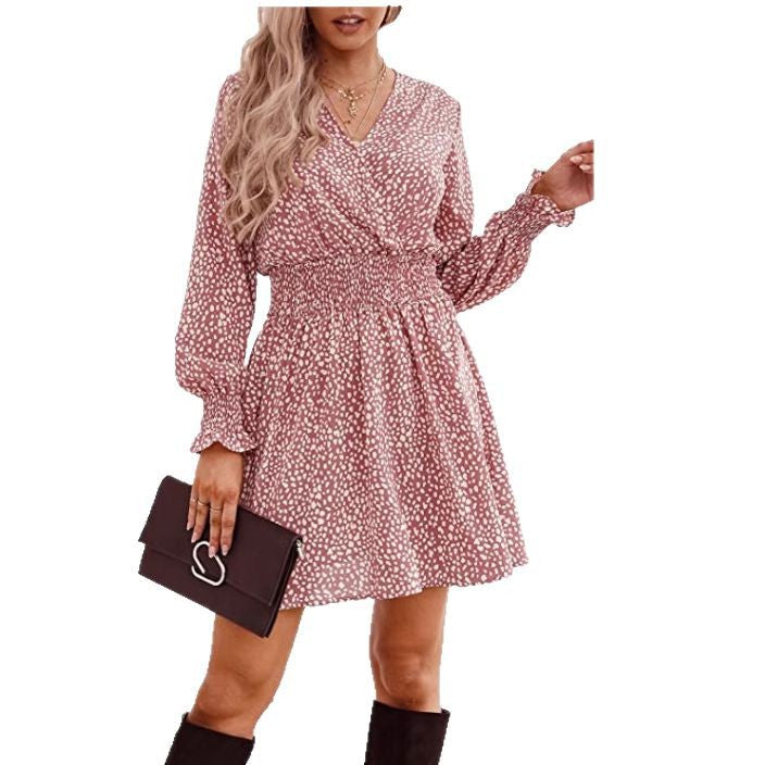 Damen modisches Kleid mit figurbetontem Gummizug und langen Ärmeln Drune
