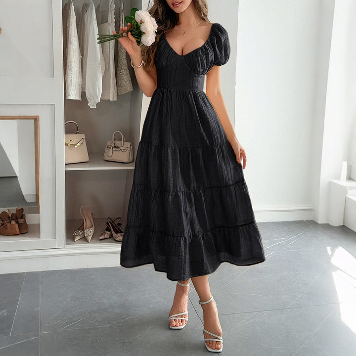 Damen Boho Maxikleid mit Puffärmeln undlagenanpassbarem Schnitt Drune