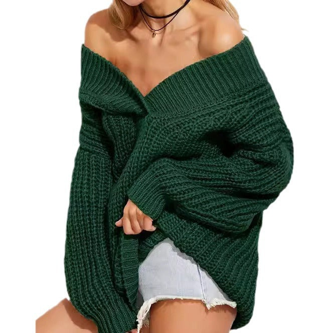 Damen Oversized Strickpullover mit V-Ausschnitt und breiten Ärmeln Drune
