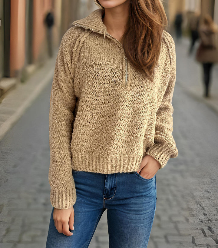 Damen gemütlicher Strickpullover mit hochschließendem Reißverschluss und oversized Ärmeln Drune