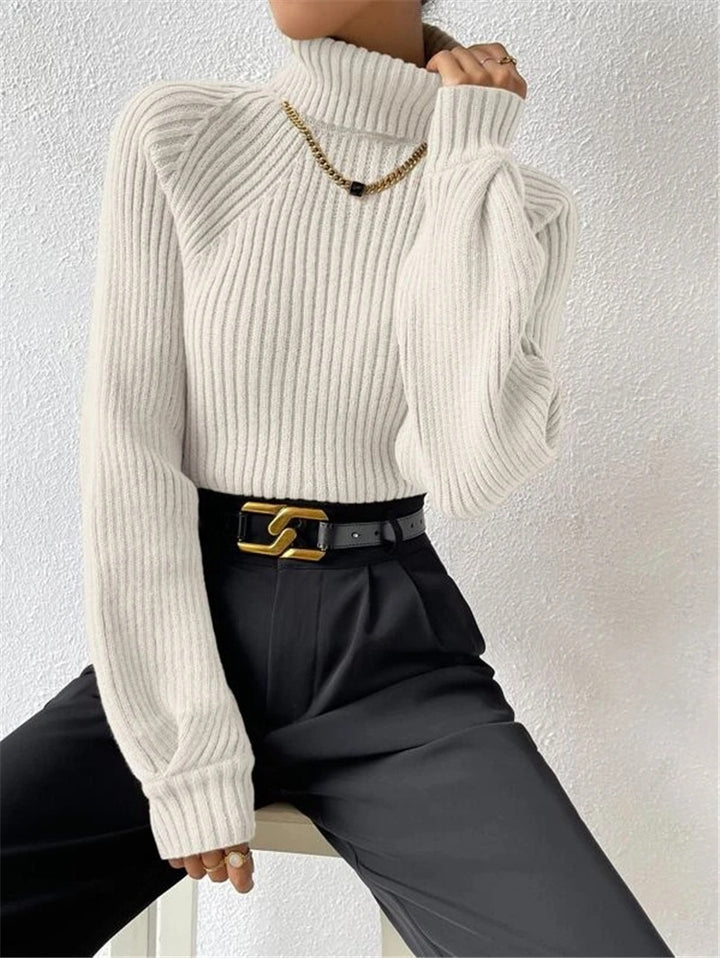 Damen figurbetonter Pullover mit Rippstruktur und Stehkragen Drune