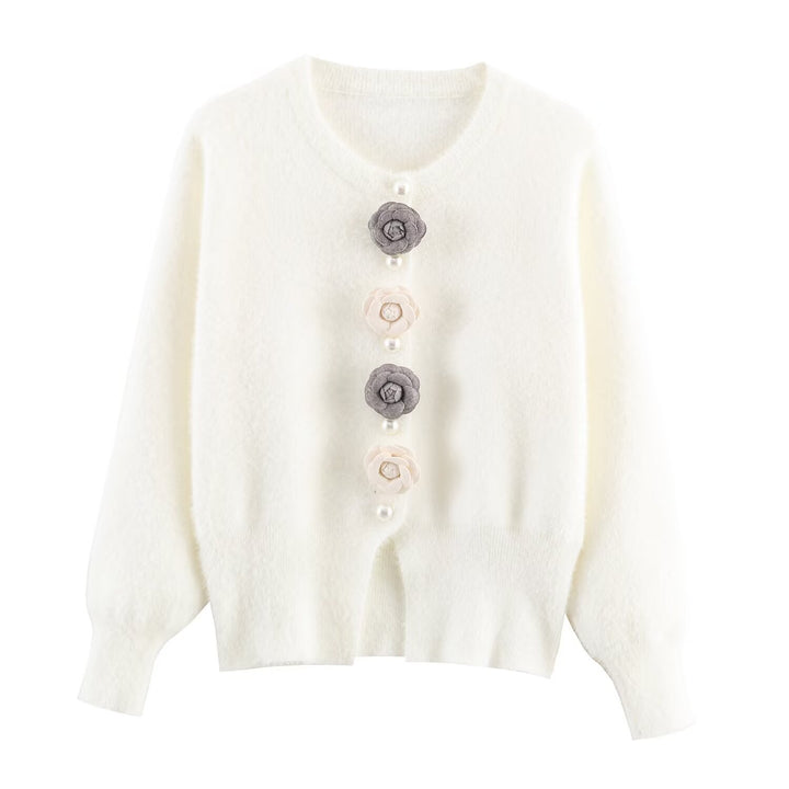 Damen Kuschelige Strickjacke mit stilvollen Blumendetails Drune