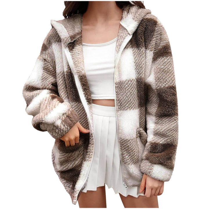 Damen nan dicke Karo-Teddyjacke mit Kapuze, Frontreißverschluss und aufgesetzten Taschen Drune