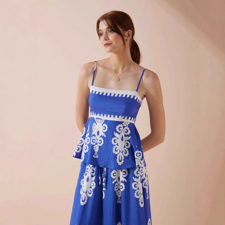 Damen Peplum-Top mit zarten Trägern und kunstvollem Muster Drune