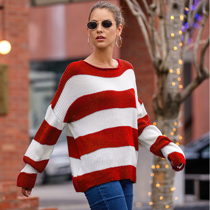 Damen lässiger Strickpullover mit breitem Streifenmuster und weitem Schnitt Drune