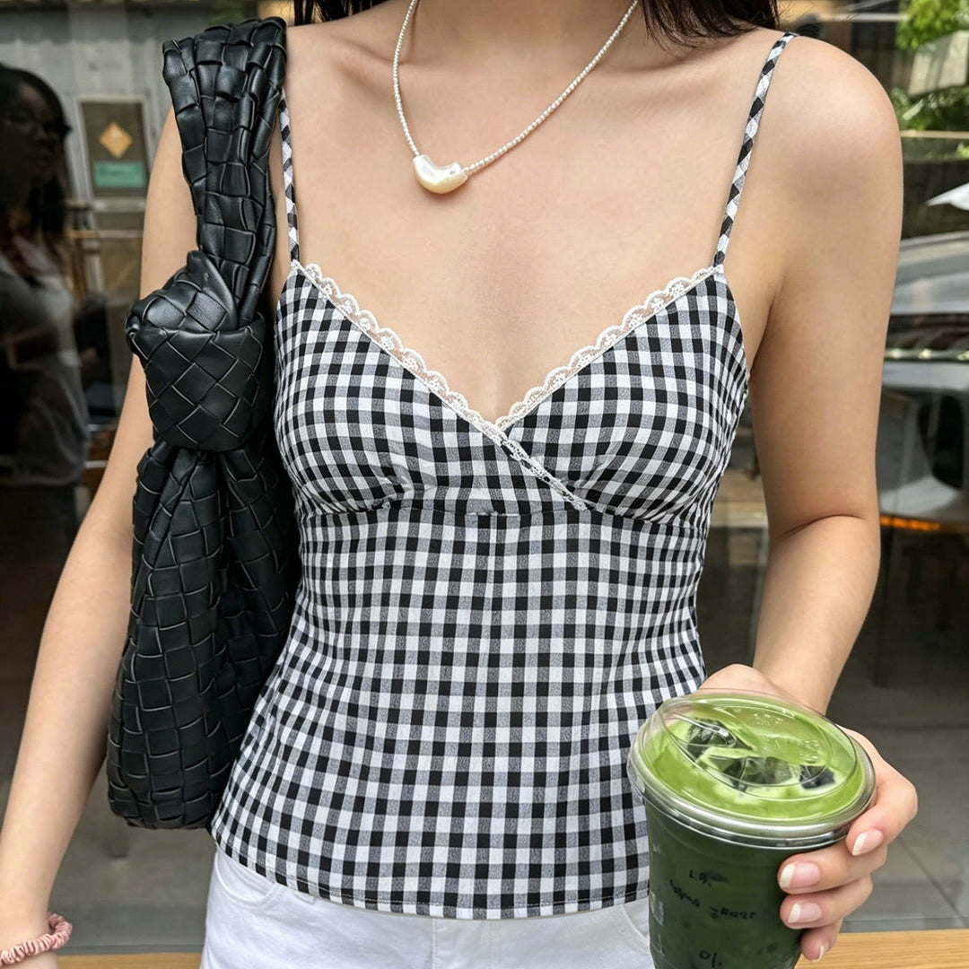 Damen V-Ausschnitt Vichy-Trägertop mit Spitzendetails Drune