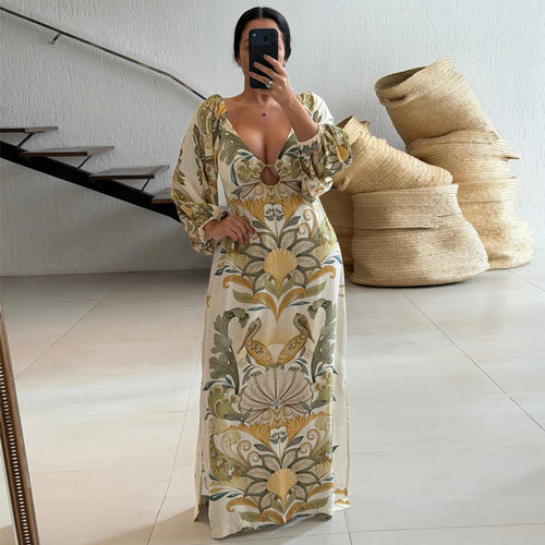 Damen Maxikleid mit kunstvollem Floral-Design und tiefem V-Ausschnitt Drune