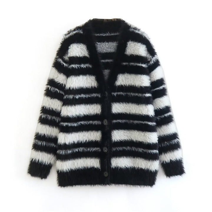 Damen Gemütlicher Strickcardigan mit modernem Streifenmuster und weichem Material Drune