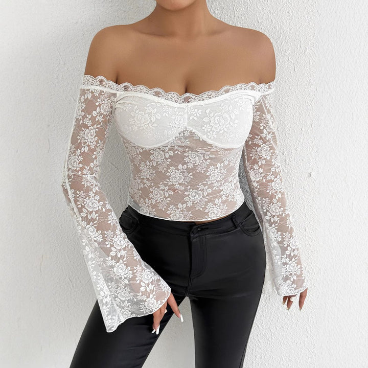 Damen Spitzenoberteil mit schulterfreiem Design und eleganten Trompetenärmeln Drune