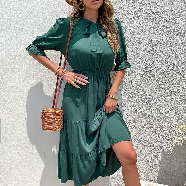 Damen lässiges Midi-Kleid mit Krawatte und Rüschensäumen Drune