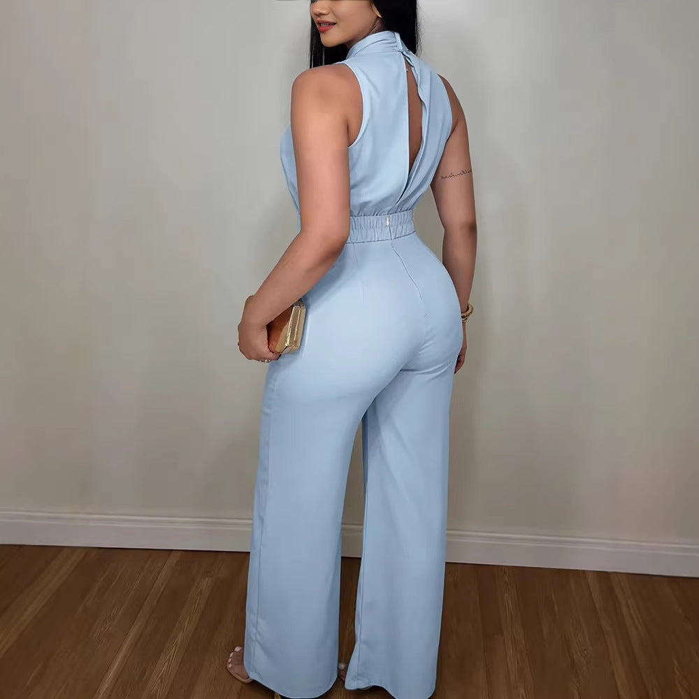 Damen eleganter Jumpsuit mit fließendem Schnitt und bindbarem Kragen Drune