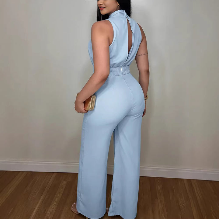 Damen eleganter Jumpsuit mit fließendem Schnitt und bindbarem Kragen Drune