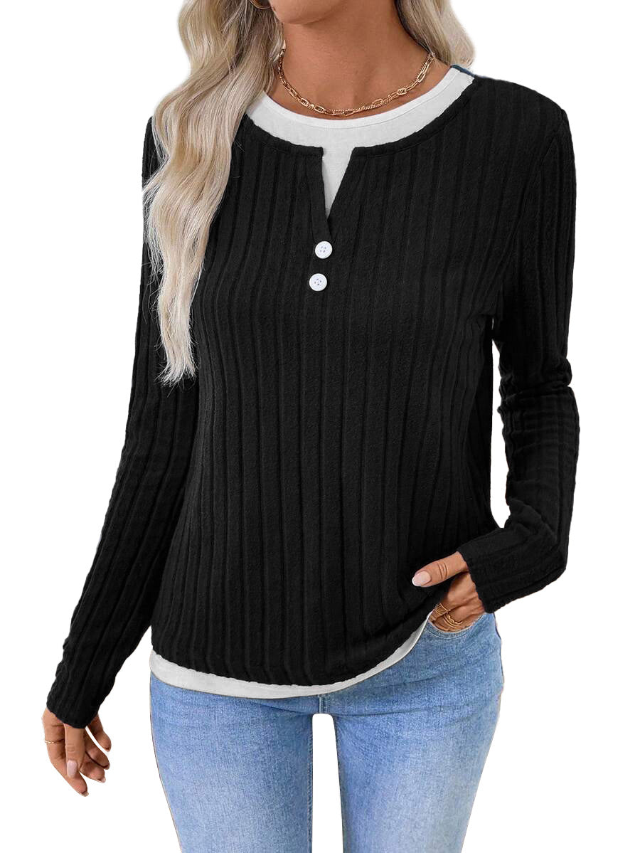 Damen Rippstrick Langarmshirt mit Knopfleiste Drune