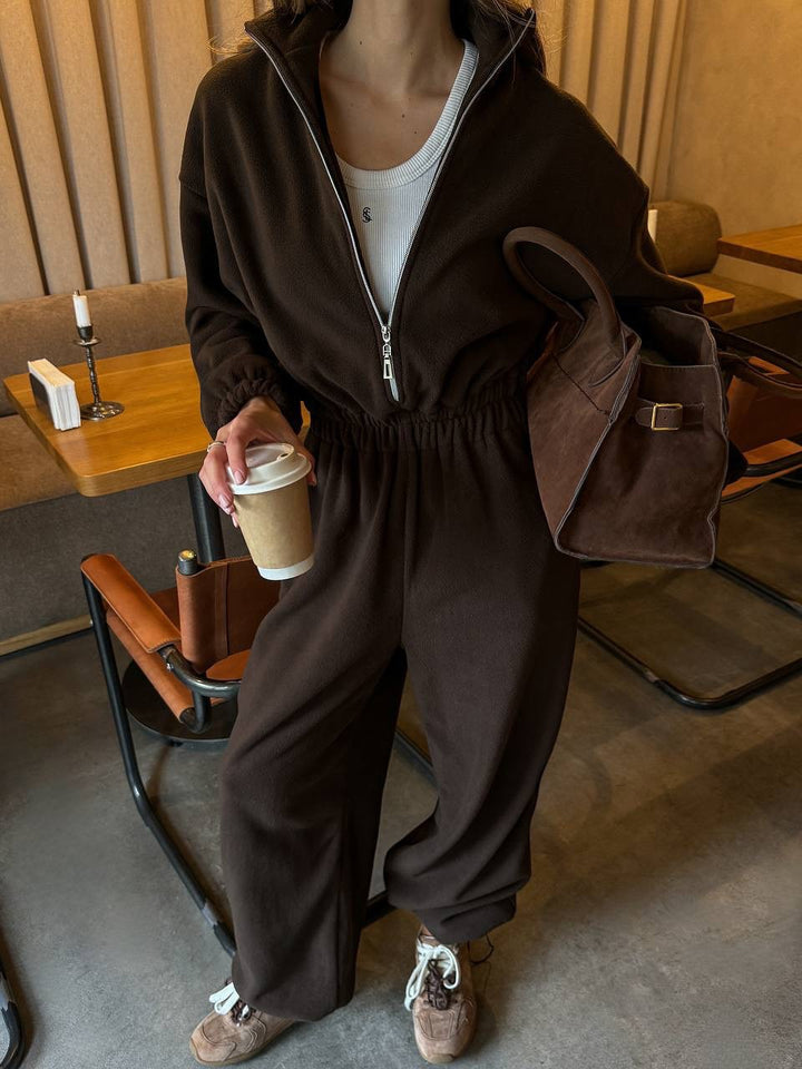 Damen Fleece-Loungewear-Set mit hohem Kragen und praktischen Taschen Drune