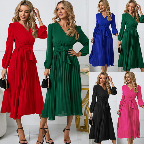 Damen Wickelkleid mit Plissee-Design und eleganter Taillengürtel Drune