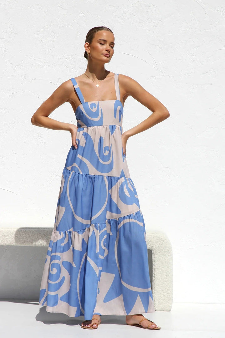 Damen Maxikleid mit modernem grafischen Muster und luftigen Volants Drune
